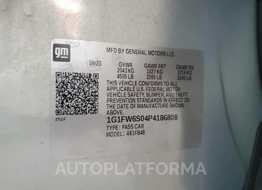 CHEVROLET BOLT EV 1L 2023 vin 1G1FW6S04P4186808 from auto auction Copart