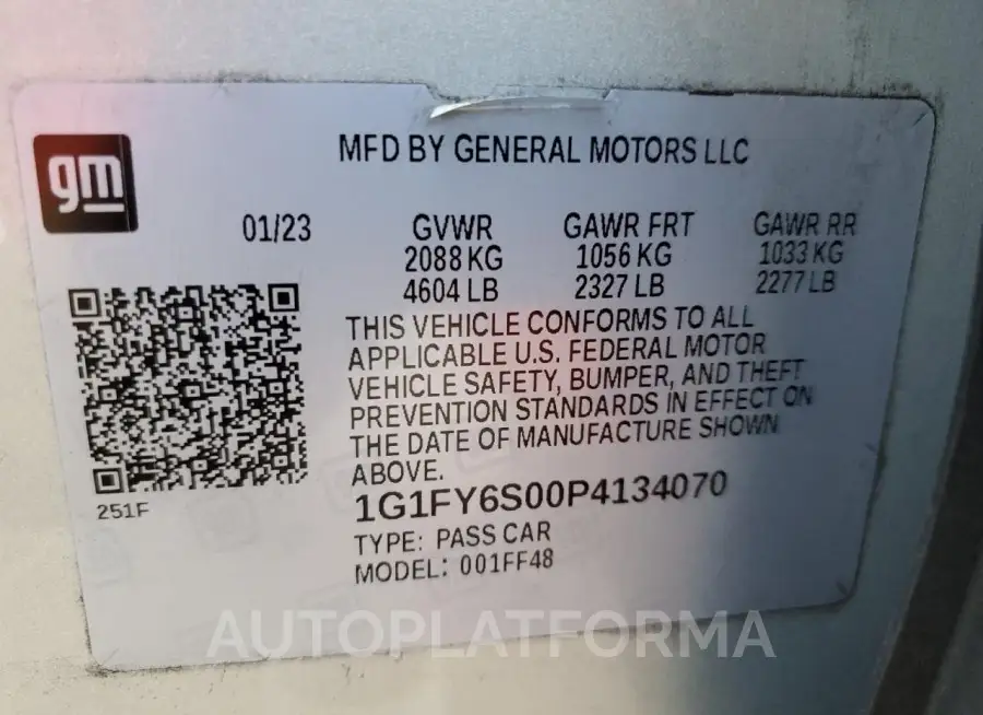 CHEVROLET BOLT EUV L 2023 vin 1G1FY6S00P4134070 from auto auction Copart