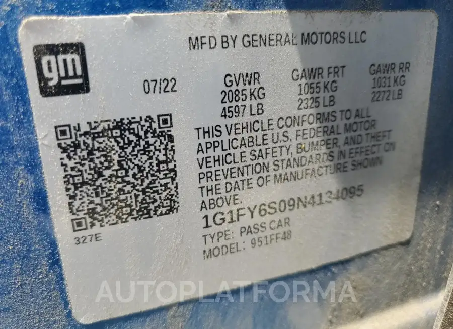 CHEVROLET BOLT EUV L 2022 vin 1G1FY6S09N4134095 from auto auction Copart