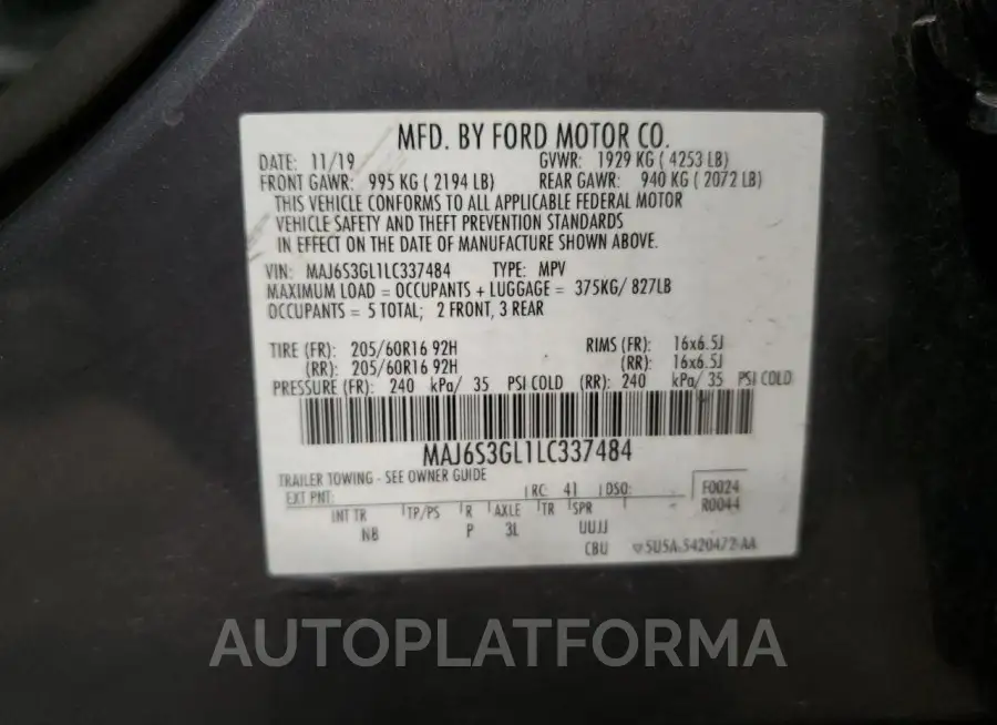 FORD ECOSPORT S 2020 vin MAJ6S3GL1LC337484 from auto auction Copart