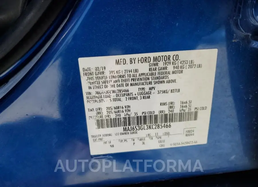 FORD ECOSPORT S 2019 vin MAJ6S3GL3KC285466 from auto auction Copart