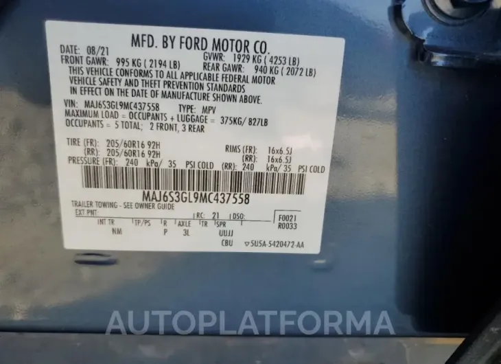 FORD ECOSPORT S 2021 vin MAJ6S3GL9MC437558 from auto auction Copart