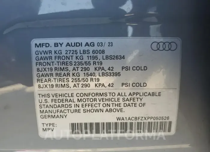 AUDI Q4 E-TRON 2023 vin WA1ACBFZXPP050526 from auto auction Copart