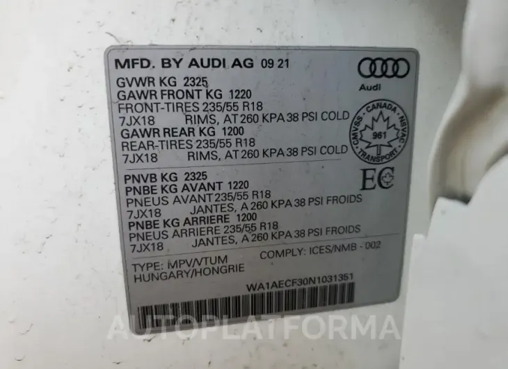 AUDI Q3 KOMFORT 2022 vin WA1AECF30N1031351 from auto auction Copart