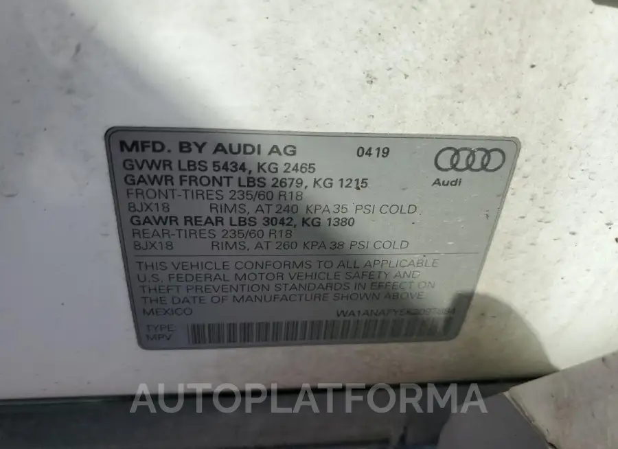 AUDI Q5 PREMIUM 2019 vin WA1ANAFY5K2097884 from auto auction Copart