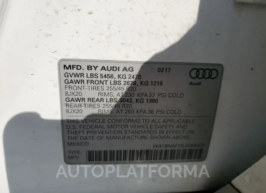 AUDI Q5 PREMIUM 2018 vin WA1BNAFY0J2005471 from auto auction Copart