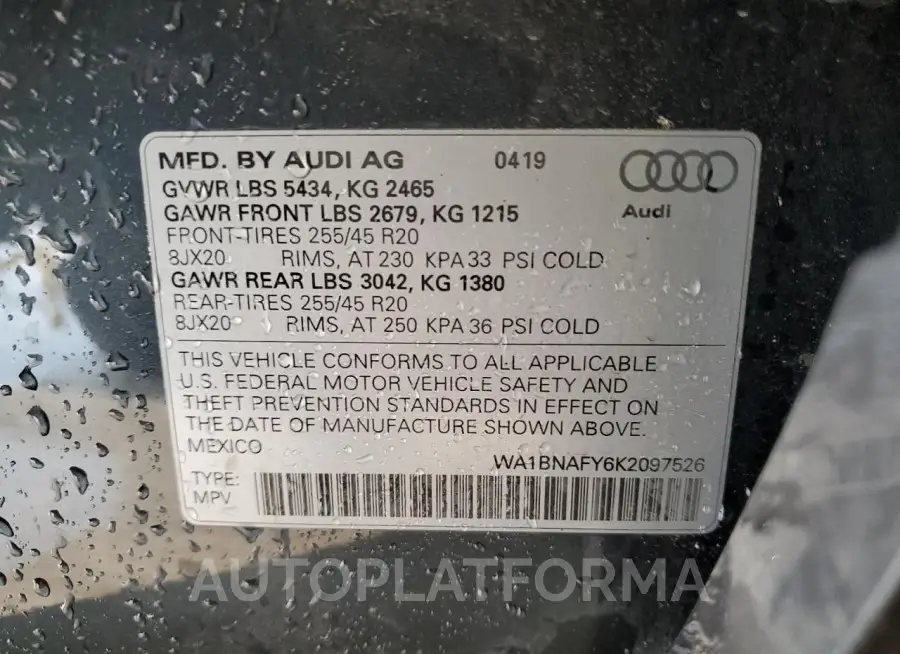 AUDI Q5 PREMIUM 2019 vin WA1BNAFY6K2097526 from auto auction Copart