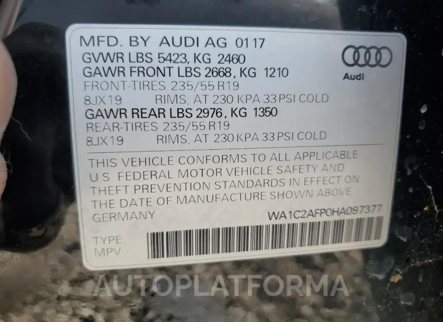 AUDI Q5 PREMIUM 2017 vin WA1C2AFP0HA097377 from auto auction Copart