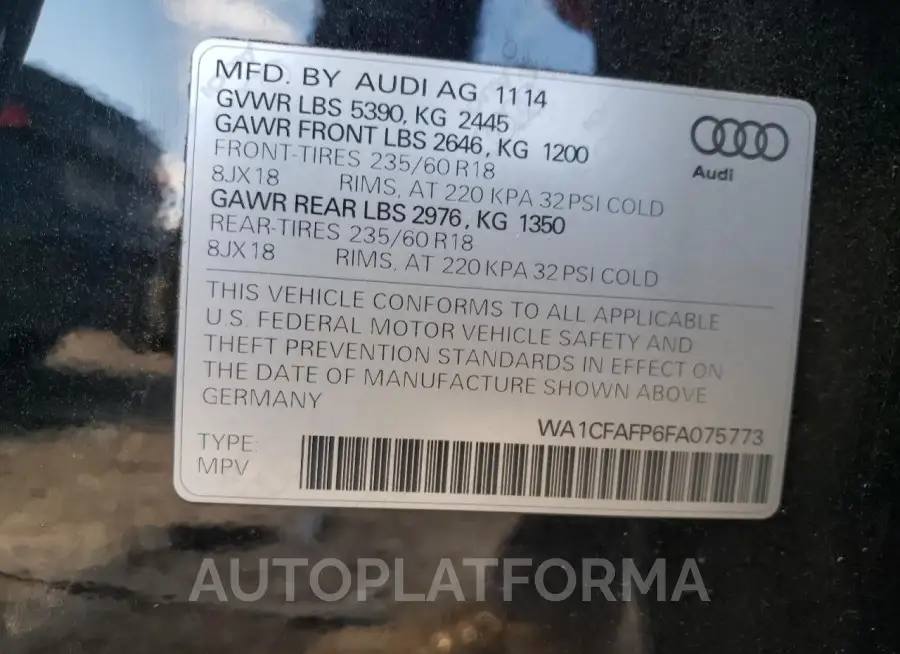 AUDI Q5 PREMIUM 2015 vin WA1CFAFP6FA075773 from auto auction Copart