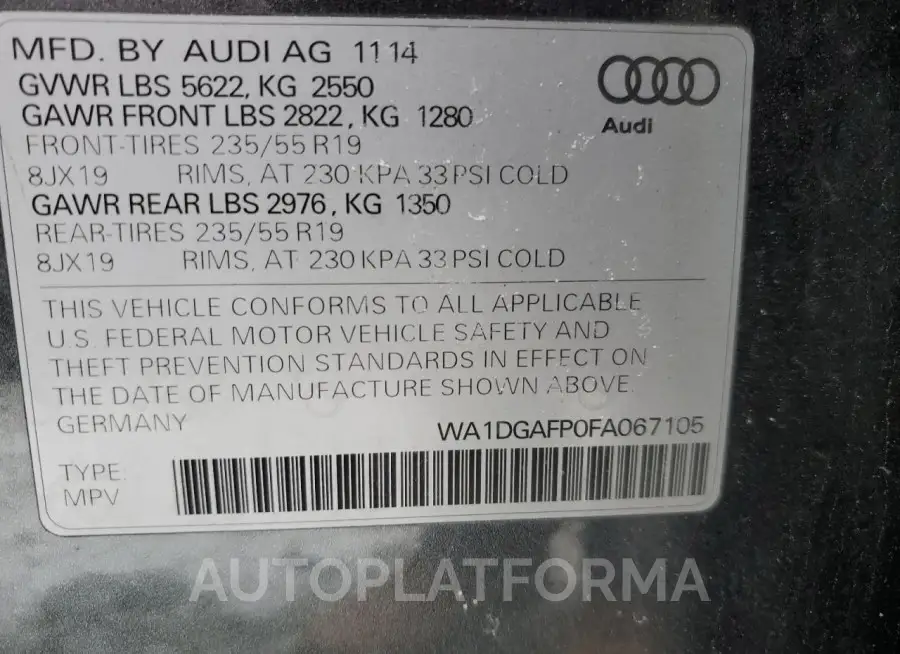 AUDI Q5 PREMIUM 2015 vin WA1DGAFP0FA067105 from auto auction Copart