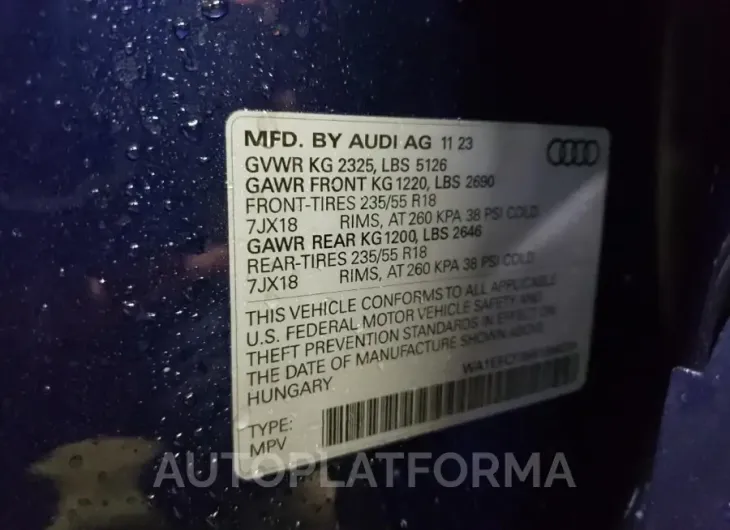 AUDI Q3 PREMIUM 2024 vin WA1EECF35R1064224 from auto auction Copart