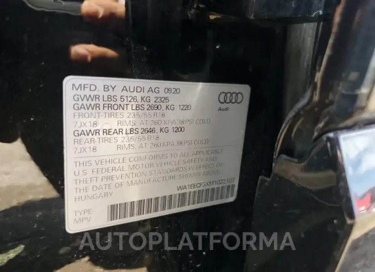 AUDI Q3 PREMIUM 2021 vin WA1EECF3XM1022107 from auto auction Copart