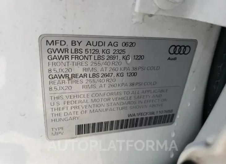 AUDI Q3 PRESTIG 2020 vin WA1FECF38L1107658 from auto auction Copart