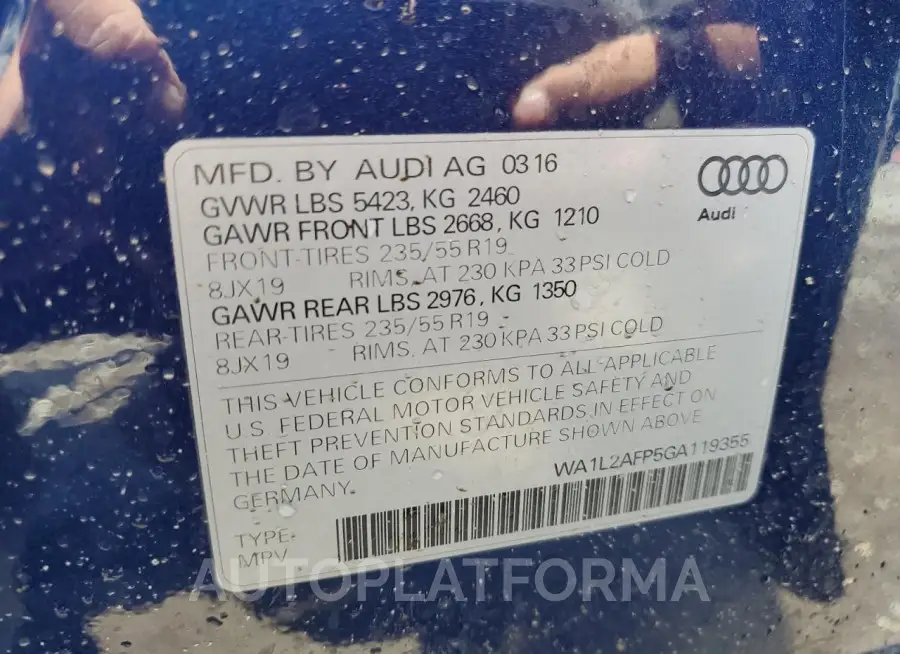 AUDI Q5 PREMIUM 2016 vin WA1L2AFP5GA119355 from auto auction Copart