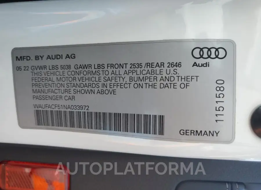 AUDI A5 PREMIUM 2022 vin WAUFACF51NA033972 from auto auction Copart