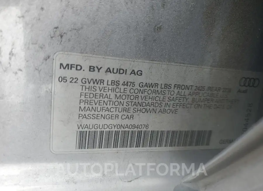 AUDI A3 PREMIUM 2022 vin WAUGUDGY0NA094076 from auto auction Copart