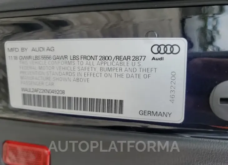 AUDI A6 PREMIUM 2019 vin WAUL2AF22KN049208 from auto auction Copart