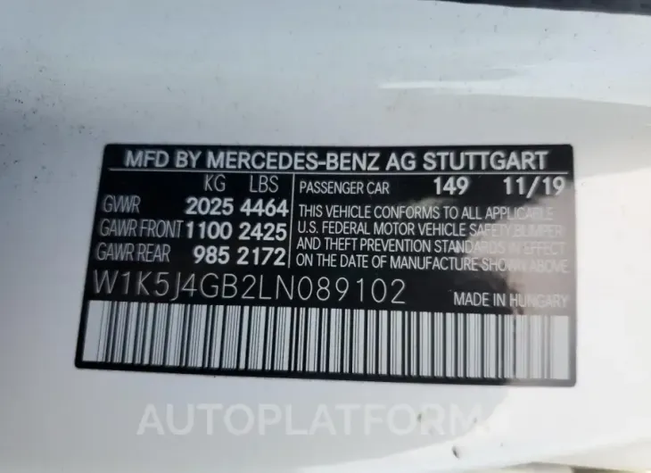 MERCEDES-BENZ CLA 250 2020 vin W1K5J4GB2LN089102 from auto auction Copart