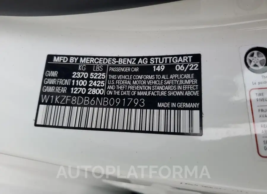 MERCEDES-BENZ E 350 2022 vin W1KZF8DB6NB091793 from auto auction Copart