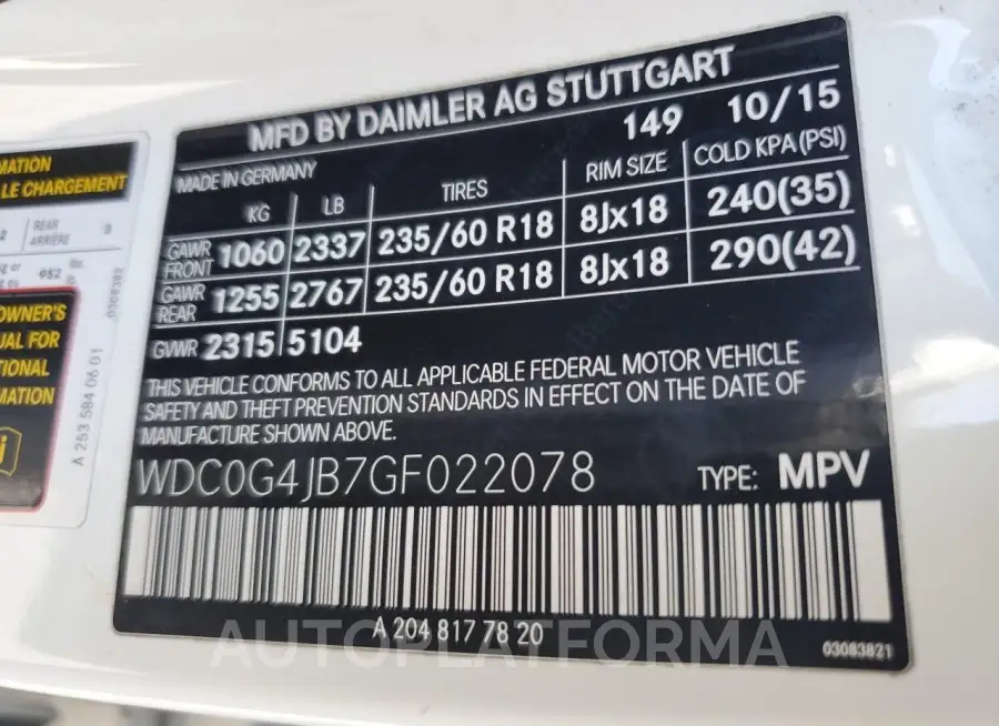 MERCEDES-BENZ GLC 300 2016 vin WDC0G4JB7GF022078 from auto auction Copart