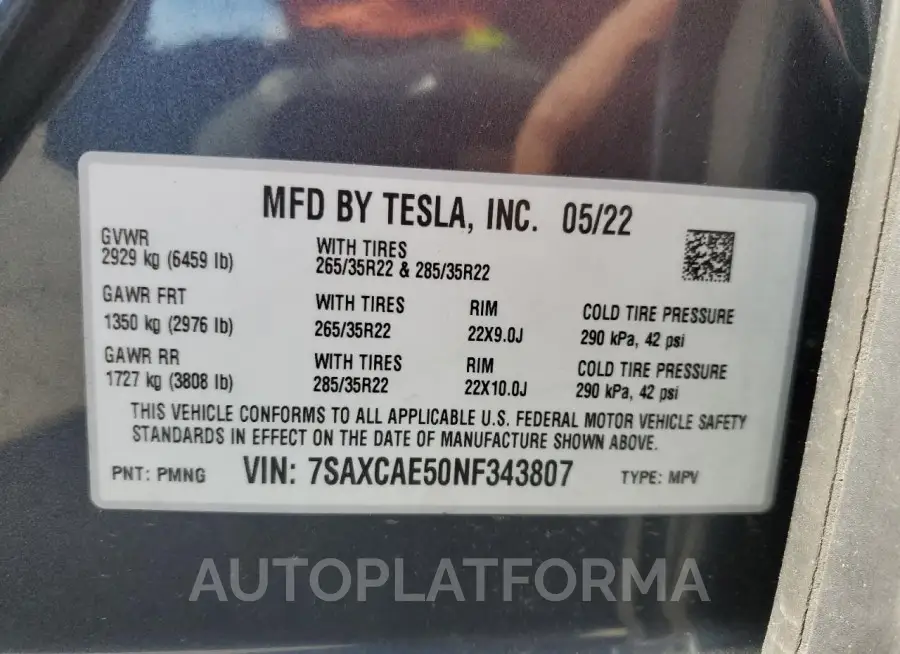 TESLA MODEL X 2022 vin 7SAXCAE50NF343807 from auto auction Copart