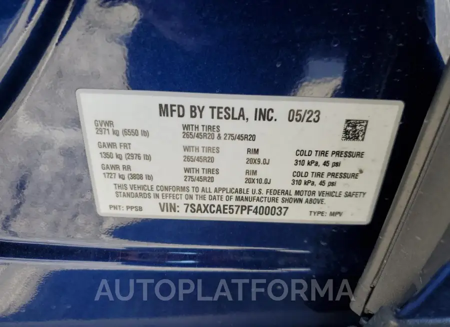 TESLA MODEL X 2023 vin 7SAXCAE57PF400037 from auto auction Copart