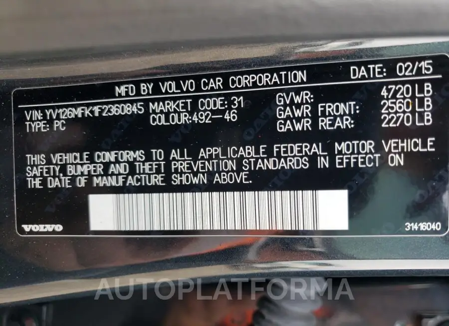 VOLVO S60 PREMIE 2015 vin YV126MFK1F2360845 from auto auction Copart