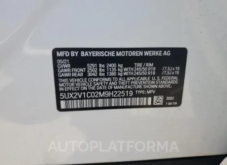 BMW X4 XDRIVE3 2021 vin 5UX2V1C02M9H22519 from auto auction Copart