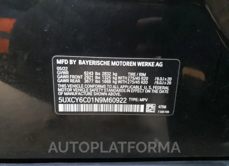 BMW X6 XDRIVE4 2022 vin 5UXCY6C01N9M60922 from auto auction Copart