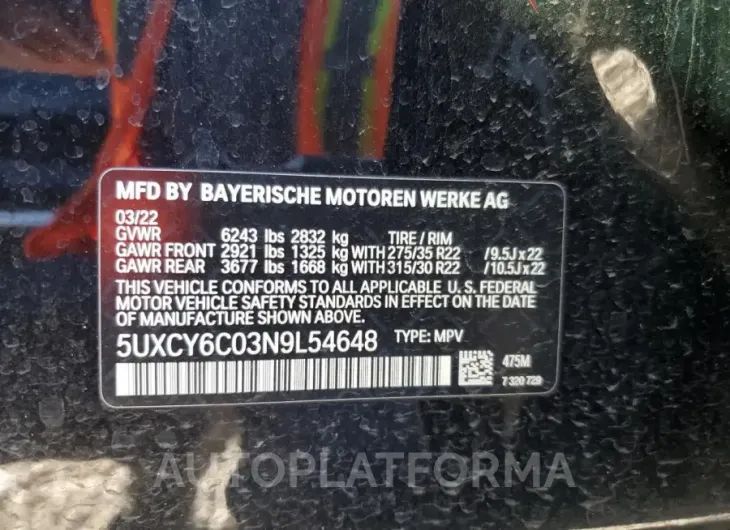 BMW X6 XDRIVE4 2022 vin 5UXCY6C03N9L54648 from auto auction Copart