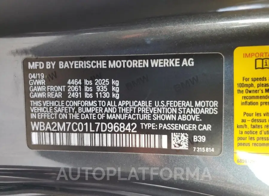 BMW 230I 2020 vin WBA2M7C01L7D96842 from auto auction Copart