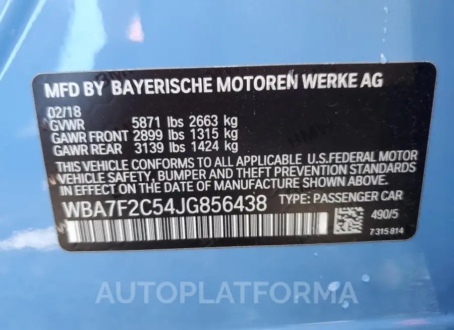 BMW 750 XI 2018 vin WBA7F2C54JG856438 from auto auction Copart