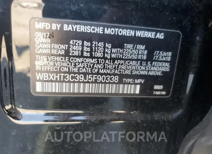 BMW X1 XDRIVE2 2018 vin WBXHT3C39J5F90338 from auto auction Copart