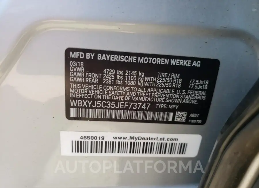 BMW X2 XDRIVE2 2018 vin WBXYJ5C35JEF73747 from auto auction Copart