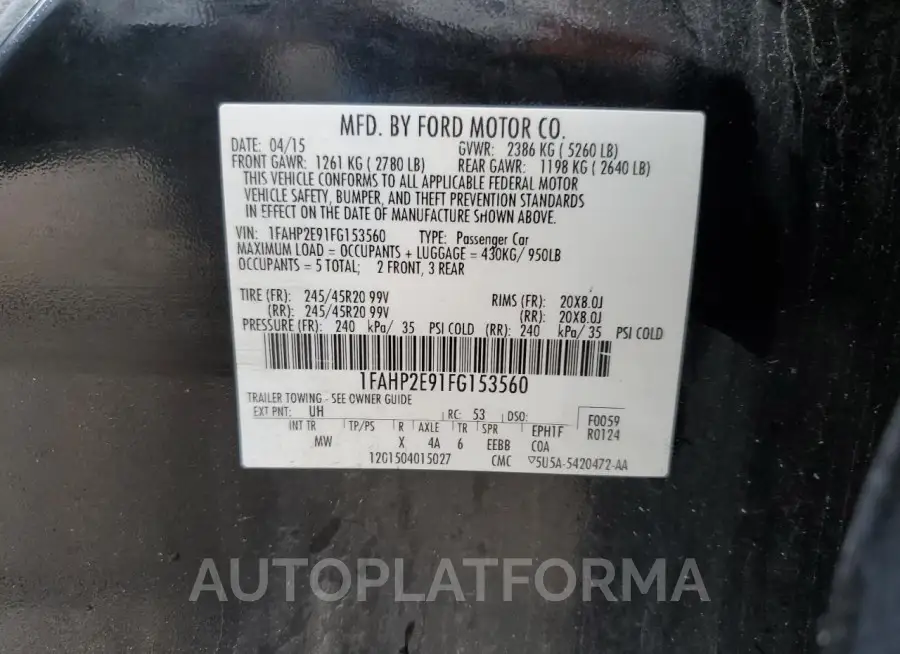 FORD TAURUS SEL 2015 vin 1FAHP2E91FG153560 from auto auction Copart