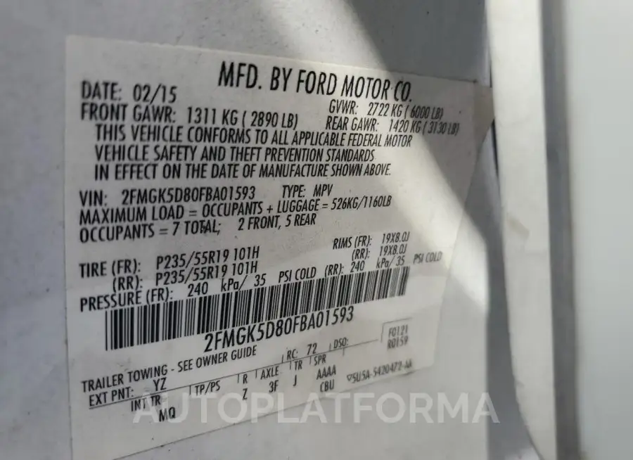 FORD FLEX LIMIT 2015 vin 2FMGK5D80FBA01593 from auto auction Copart