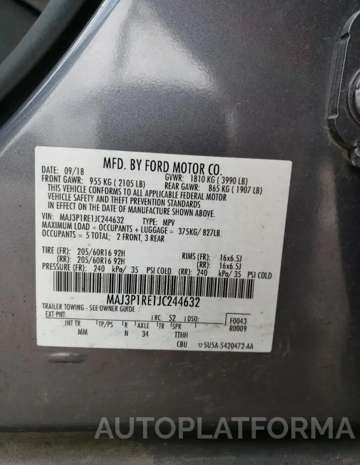 FORD ECOSPORT S 2018 vin MAJ3P1RE1JC244632 from auto auction Copart