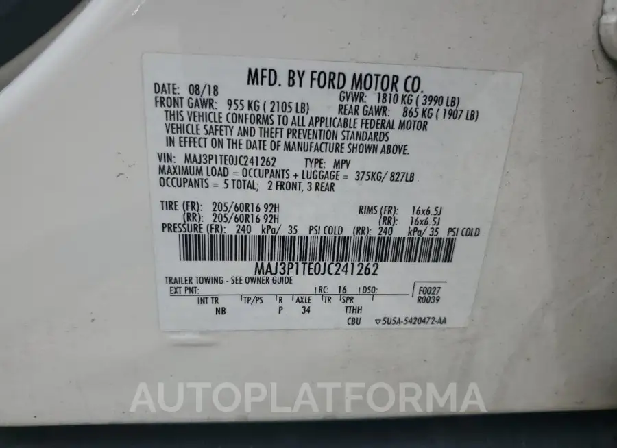 FORD ECOSPORT S 2018 vin MAJ3P1TE0JC241262 from auto auction Copart