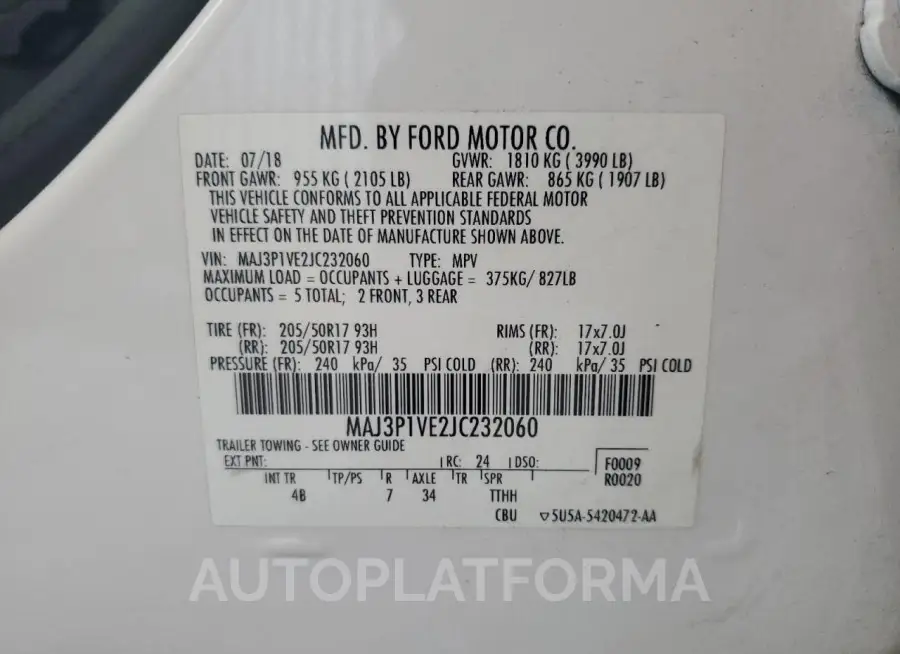 FORD ECOSPORT T 2018 vin MAJ3P1VE2JC232060 from auto auction Copart