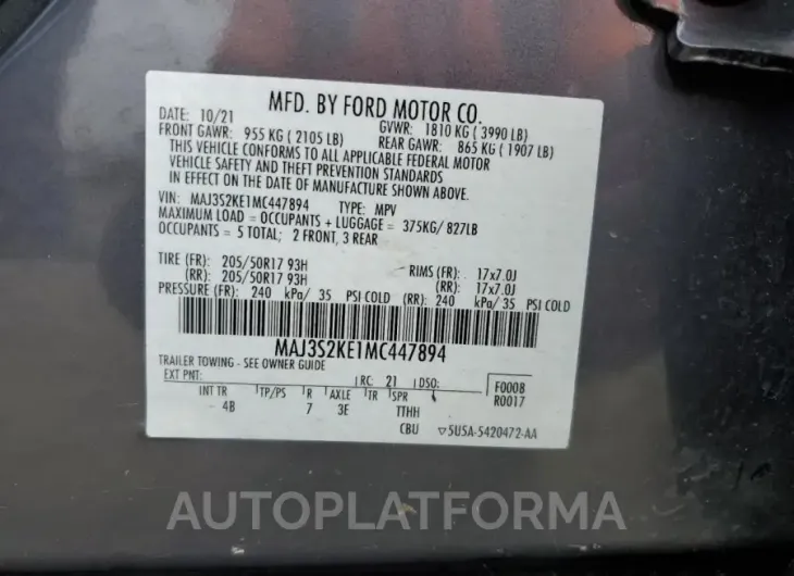 FORD ECOSPORT T 2021 vin MAJ3S2KE1MC447894 from auto auction Copart