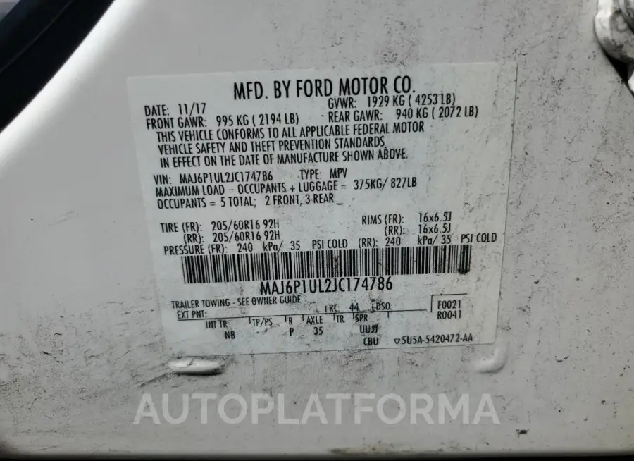 FORD ECOSPORT S 2018 vin MAJ6P1UL2JC174786 from auto auction Copart