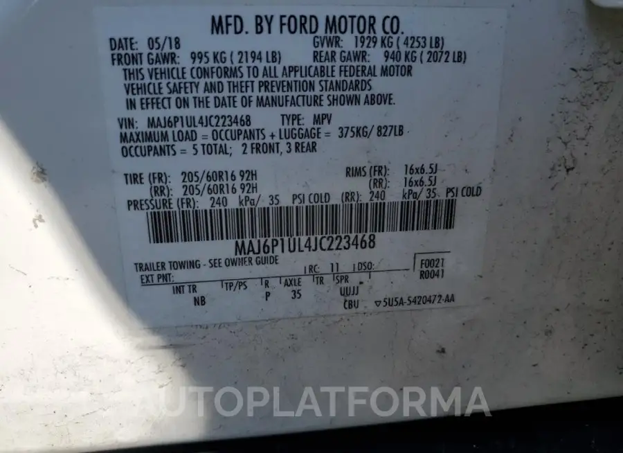 FORD ECOSPORT S 2018 vin MAJ6P1UL4JC223468 from auto auction Copart