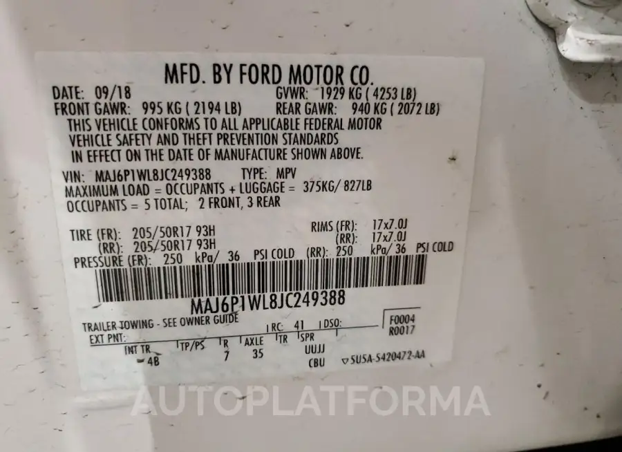 FORD ECOSPORT T 2018 vin MAJ6P1WL8JC249388 from auto auction Copart