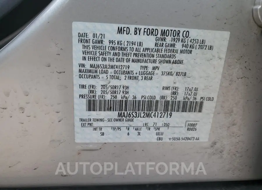 FORD ECOSPORT S 2021 vin MAJ6S3JL2MC412719 from auto auction Copart