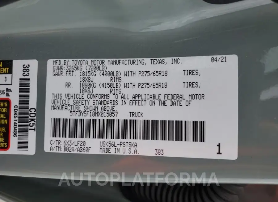 TOYOTA TUNDRA CRE 2021 vin 5TFDY5F18MX015057 from auto auction Copart