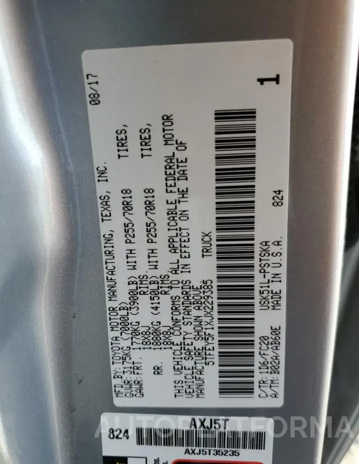 TOYOTA TUNDRA CRE 2018 vin 5TFEY5F1XJX229385 from auto auction Copart