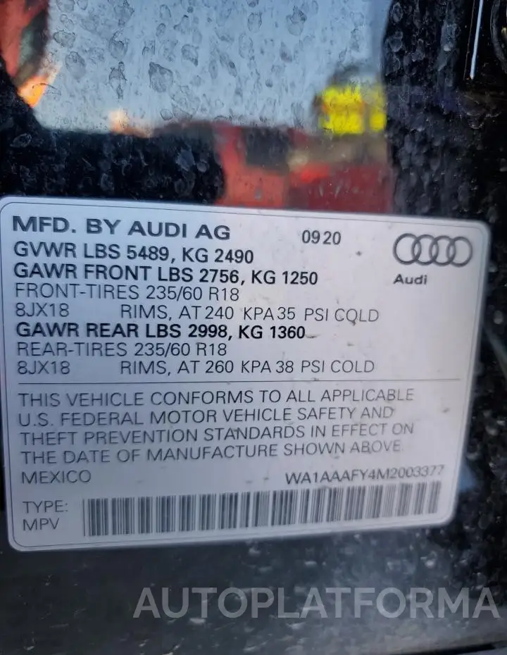 AUDI Q5 PREMIUM 2021 vin WA1AAAFY4M2003377 from auto auction Copart