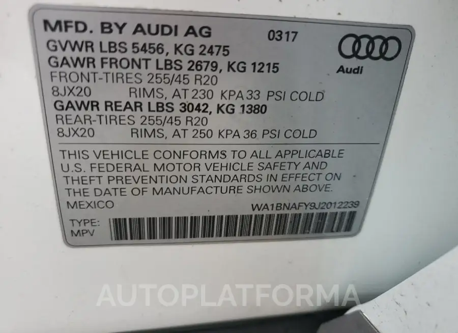 AUDI Q5 PREMIUM 2018 vin WA1BNAFY9J2012239 from auto auction Copart