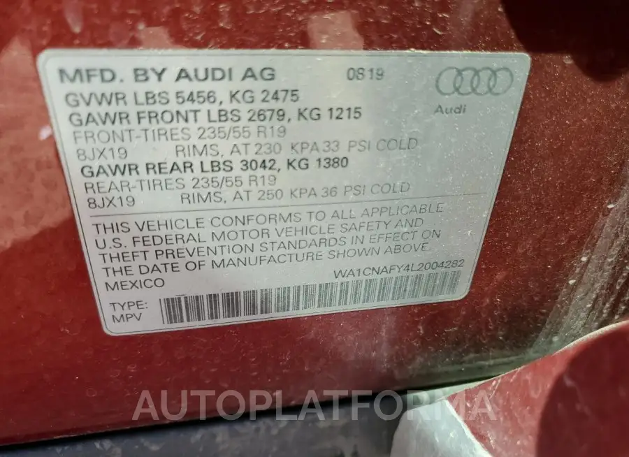 AUDI Q5 PRESTIG 2020 vin WA1CNAFY4L2004282 from auto auction Copart