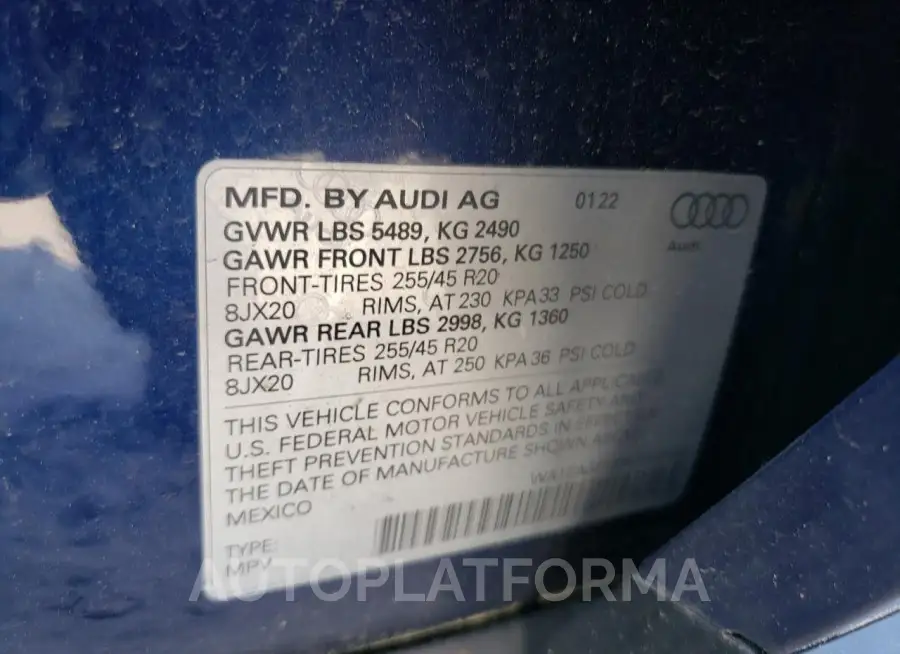 AUDI Q5 PREMIUM 2022 vin WA1EAAFY6N2052826 from auto auction Copart